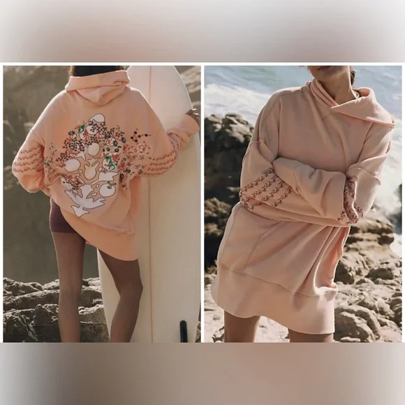 NWT Free People FP Movement At My Best Embroidered Hoodie Pastel peach combo - L - Picture 1 of 8